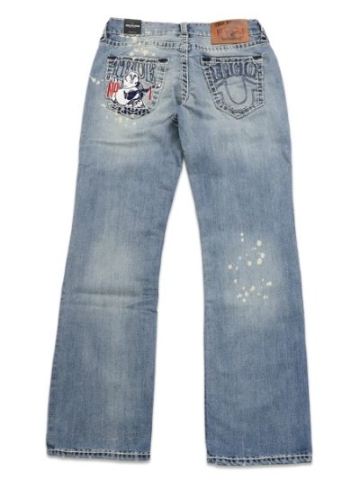 画像1: 【送料無料】TRUE RELIGION BILLY SUPER T NF 34" EMBRO SCUFF TOE INDIGO LIGHT WASH