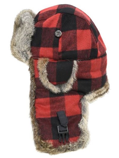 画像1: 【SALE】MAD BOMBER BLACK & RED PLAID/BROWN RABBIT FUR