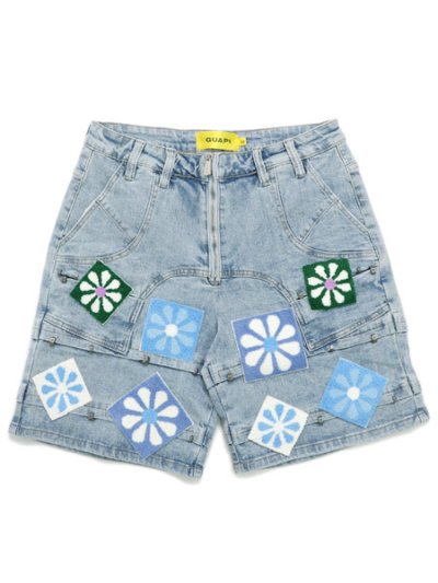 画像1: 【送料無料】GUAPI AQUA BLUE FLOWERS DENIM SHORTS