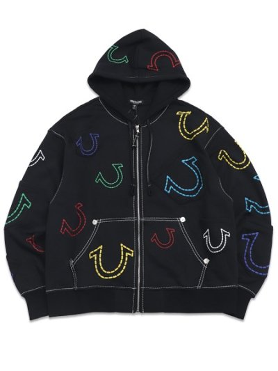 画像1: 【送料無料】TRUE RELIGION HORSESHOE BIG T BOXY ZIP HOODIE BLACK