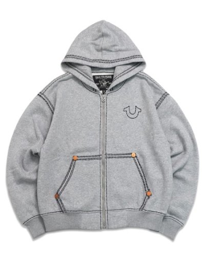 画像1: 【送料無料】TRUE RELIGION SUPER QT BOXY ZIP HOODIE HEATHER GREY/JET BLACK