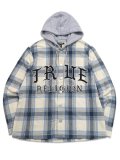 【送料無料】TRUE RELIGION HOODED FLANNEL SHIRT WINTER WHITE/BLUE