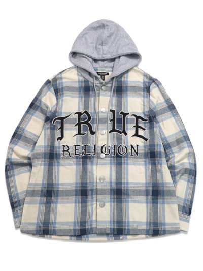 画像1: 【送料無料】TRUE RELIGION HOODED FLANNEL SHIRT WINTER WHITE/BLUE