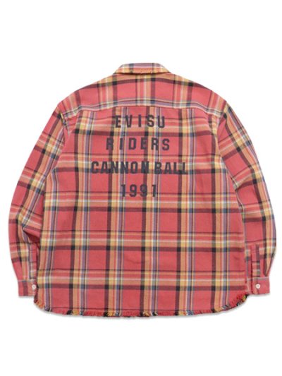 画像2: 【送料無料】EVISU HEAVY WASHED DISTRESSED FLANNEL SHIRT RED CHECK
