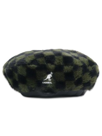 画像1: 【SALE】KANGOL FAUX FUR BERET-OLIVE CHECK