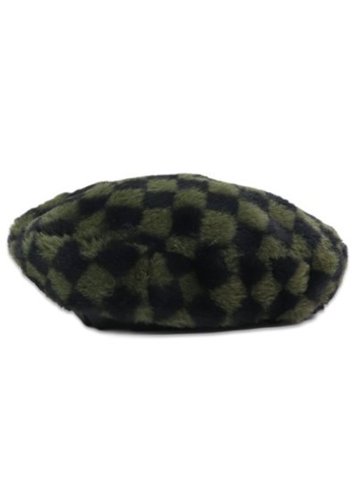 画像2: 【SALE】KANGOL FAUX FUR BERET-OLIVE CHECK