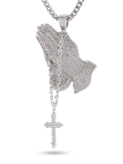 画像2: 【送料無料】KING ICE ROSARY PRAYING HANDS 2.3" WHITE GOLD NECKLACE