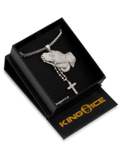 画像3: 【送料無料】KING ICE ROSARY PRAYING HANDS 2.3" WHITE GOLD NECKLACE