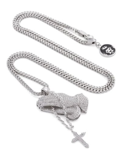 画像1: 【送料無料】KING ICE ROSARY PRAYING HANDS 2.3" WHITE GOLD NECKLACE