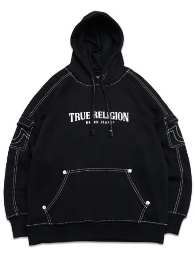 画像1: 【送料無料】TRUE RELIGION MESH PANEL BIG T CARGO HOODIE BLACK