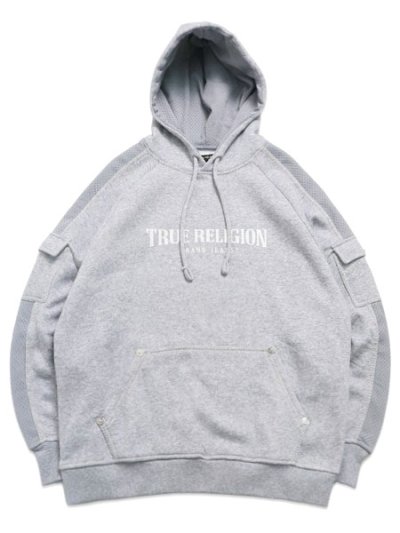 画像1: 【送料無料】TRUE RELIGION MESH PANEL BIG T CARGO HOODIE HEATHER GREY