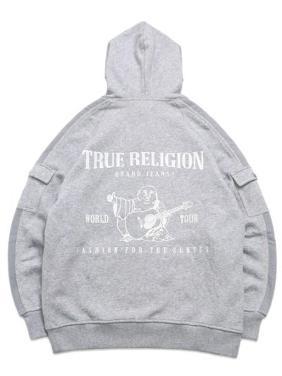 画像2: 【送料無料】TRUE RELIGION MESH PANEL BIG T CARGO HOODIE HEATHER GREY