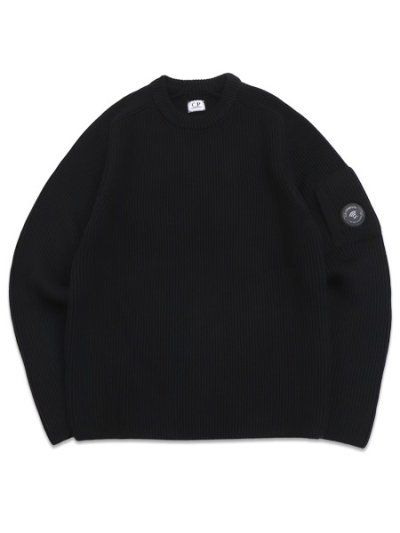 画像1: 【送料無料】C.P.COMPANY FULL RIB COTTON CREWNECK LENS SWEATER BLACK