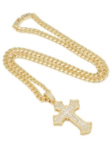 画像1: 【送料無料】KING ICE FLEUR DE LIS CROSS 2" 14K GOLD NECKLACE (1)