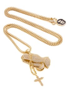 画像1: 【送料無料】KING ICE ROSARY PRAYING HANDS 2.3" NECKLACE (1)