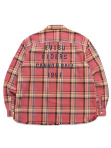 画像2: 【送料無料】EVISU HEAVY WASHED DISTRESSED FLANNEL SHIRT RED CHECK (2)