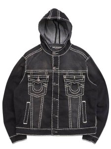 画像1: 【送料無料】TRUE RELIGION SUPER T HOODED DENIM JACKET SMOG OVERDYE BLACK WASH (1)