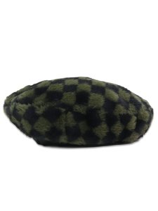 画像2: 【SALE】KANGOL FAUX FUR BERET-OLIVE CHECK (2)