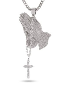 画像2: 【送料無料】KING ICE ROSARY PRAYING HANDS 2.3" WHITE GOLD NECKLACE (2)