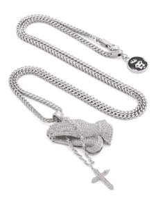 画像1: 【送料無料】KING ICE ROSARY PRAYING HANDS 2.3" WHITE GOLD NECKLACE (1)