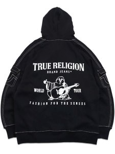画像2: 【送料無料】TRUE RELIGION MESH PANEL BIG T CARGO HOODIE BLACK (2)